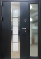 Полуторная термодверь с остеклением и декоративными вставками из нержавейки
