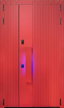 Современная полуторная дверь с отделкой красными плитами МДФ RAL и бугельной ручкой с подсветкой Современная полуторная дверь с отделкой красными плитами МДФ RAL и бугельной ручкой с подсветкой