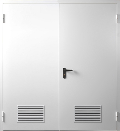 Двустворчатая противопожарная дверь с вентиляционными решетками Двустворчатая противопожарная дверь с вентиляционными решетками