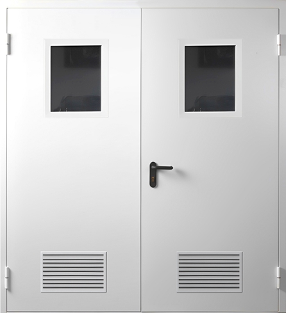 Двупольная противопожарная дверь с остеклением и вентиляционными решетками