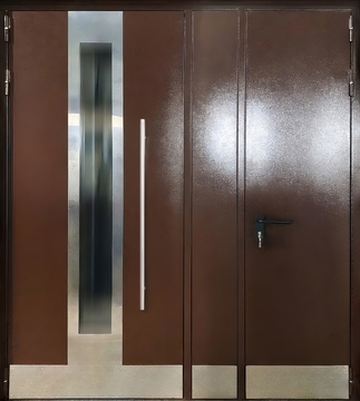 Двустворчатая подъездная дверь со стеклом и отбойником Двустворчатая подъездная дверь со стеклом и отбойником