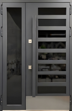 Остекленная полуторная дверь с бугельной ручкой и отбойником Остекленная полуторная дверь с бугельной ручкой и отбойником